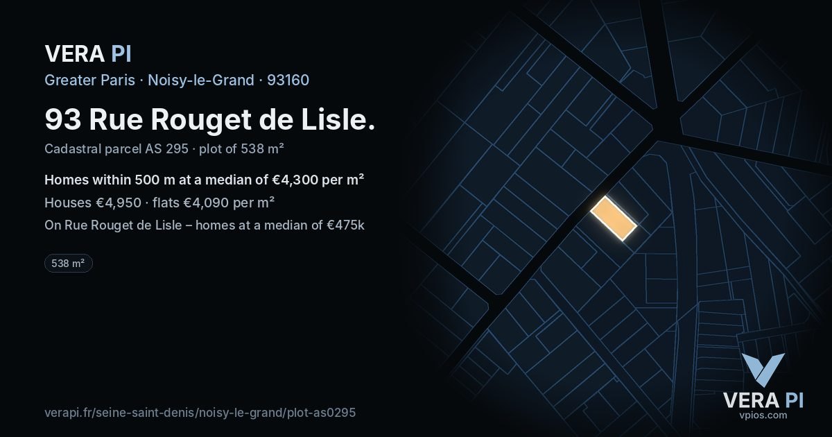 93 Rue Rouget de Lisle, Noisy-le-Grand at night – the plot lit, the parcels around coloured by the prices near them