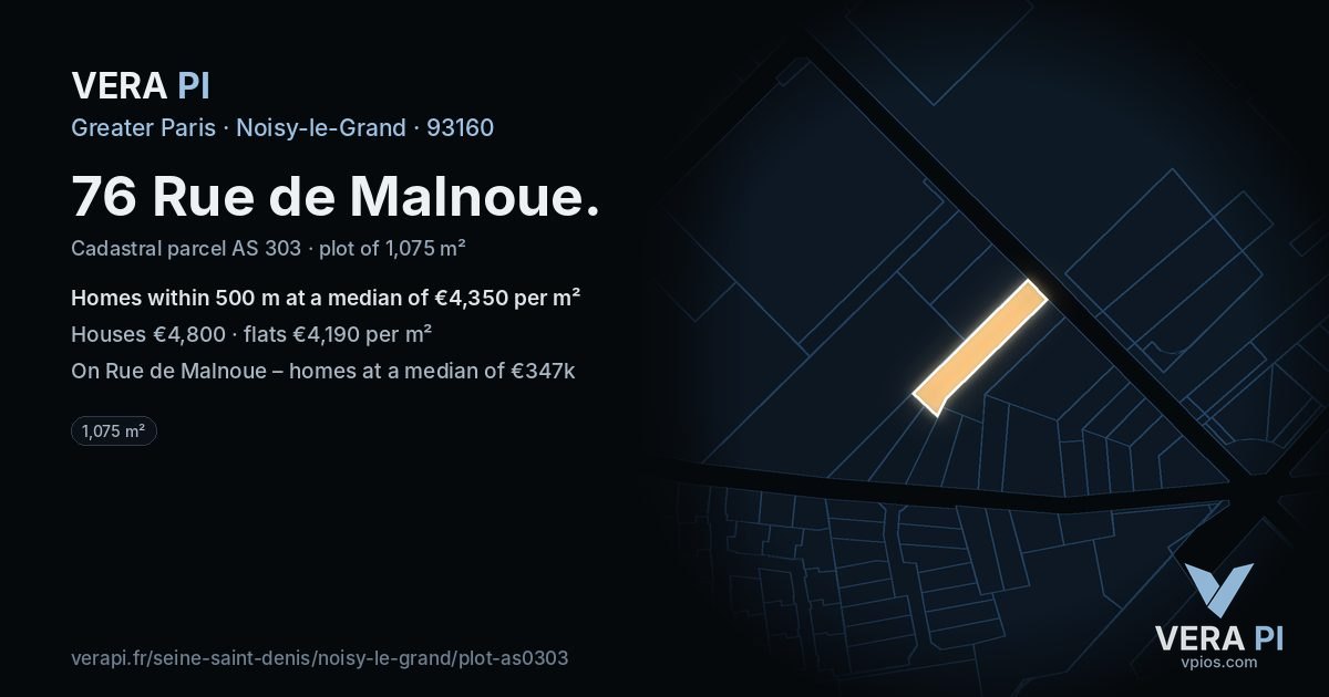 76 Rue de Malnoue, Noisy-le-Grand at night – the plot lit, the parcels around coloured by the prices near them