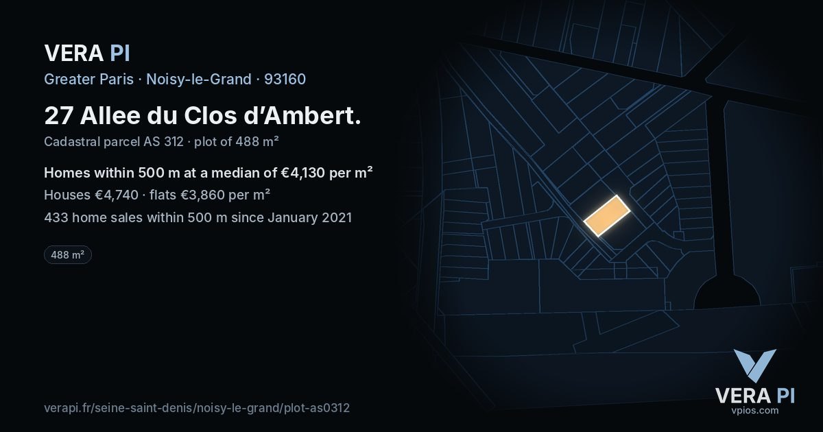 27 Allee du Clos d’Ambert, Noisy-le-Grand at night – the plot lit, the parcels around coloured by the prices near them