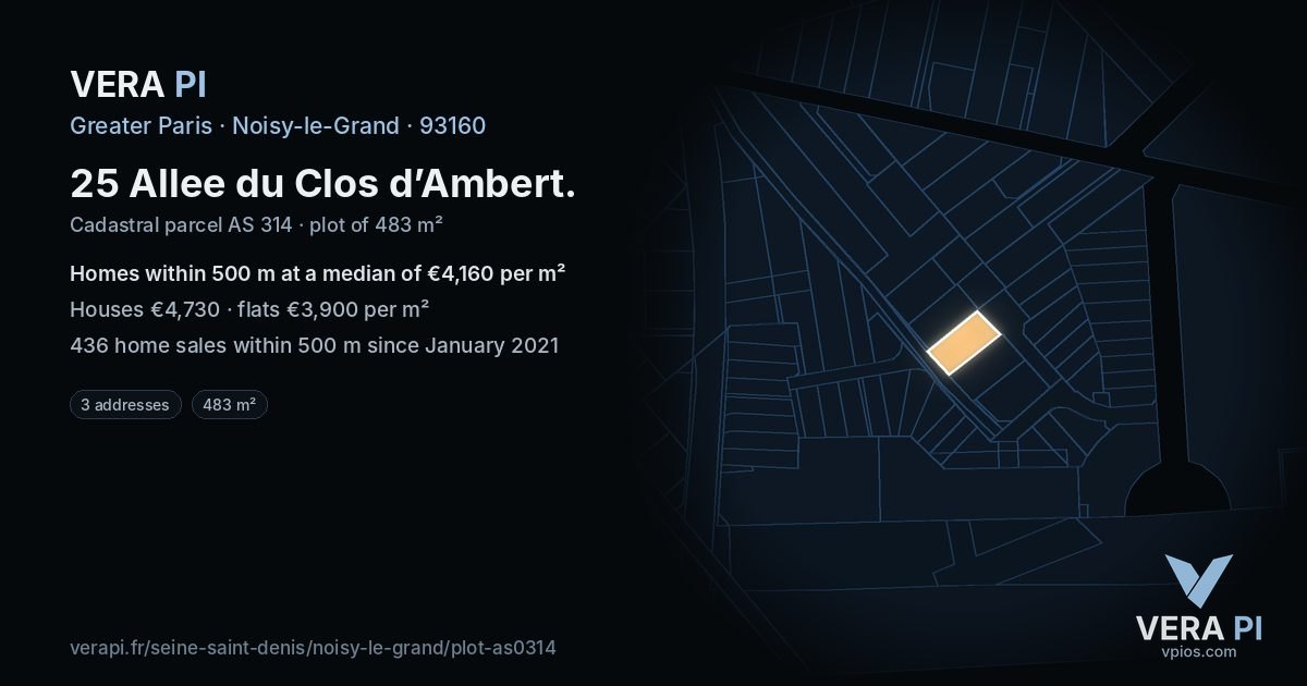 25 Allee du Clos d’Ambert, Noisy-le-Grand at night – the plot lit, the parcels around coloured by the prices near them