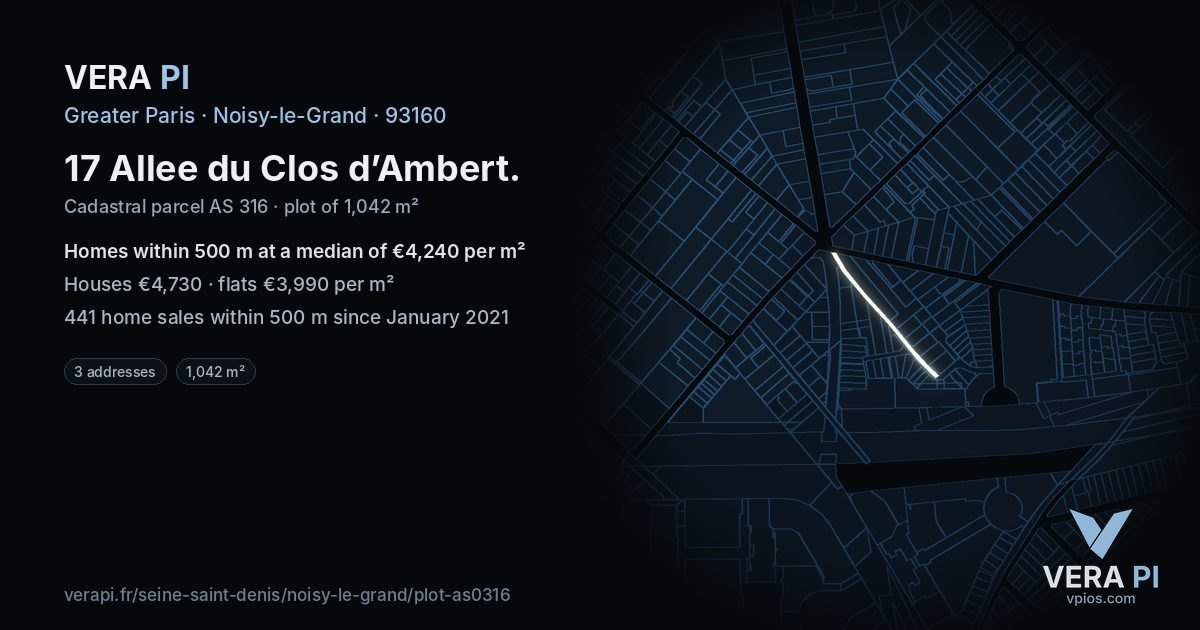 17 Allee du Clos d’Ambert, Noisy-le-Grand at night – the plot lit, the parcels around coloured by the prices near them