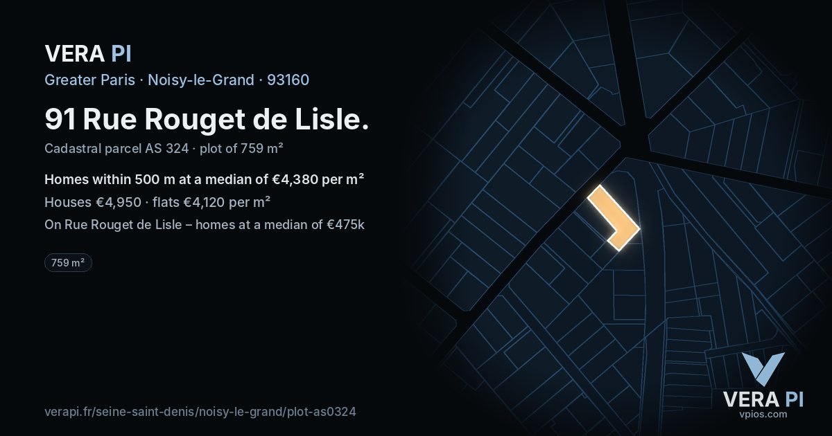 91 Rue Rouget de Lisle, Noisy-le-Grand at night – the plot lit, the parcels around coloured by the prices near them