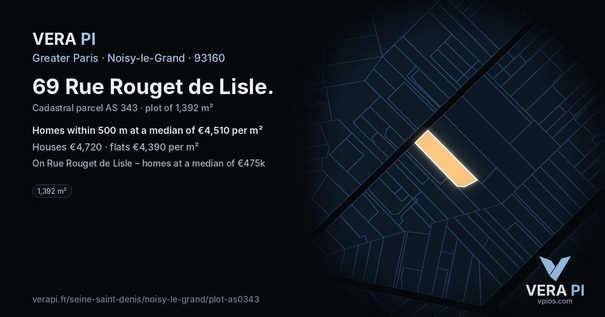 69 Rue Rouget de Lisle, Noisy-le-Grand at night – the plot lit, the parcels around coloured by the prices near them