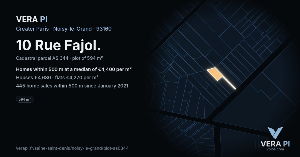 10 Rue Fajol, Noisy-le-Grand at night – the plot lit, the parcels around coloured by the prices near them
