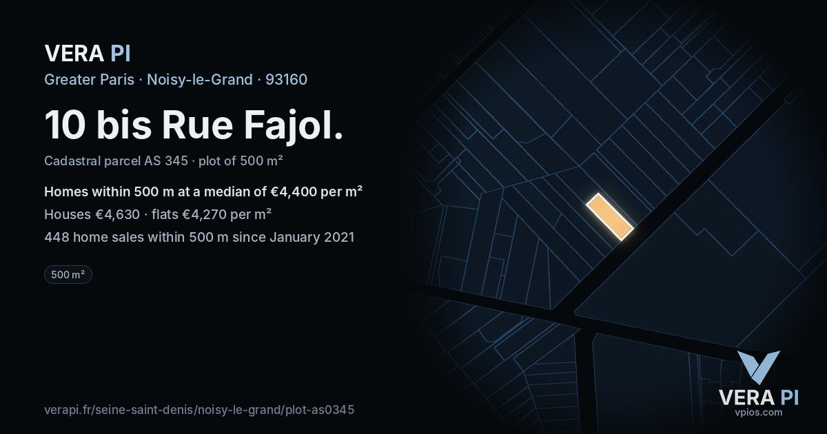 10 bis Rue Fajol, Noisy-le-Grand at night – the plot lit, the parcels around coloured by the prices near them