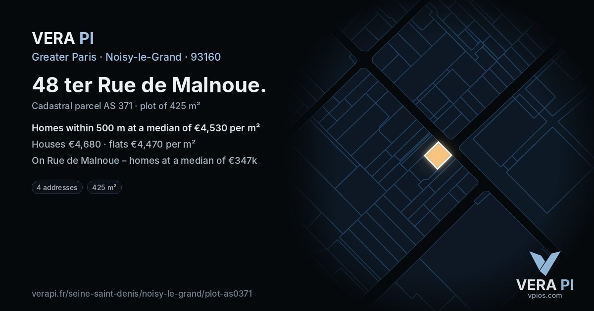 48 ter Rue de Malnoue, Noisy-le-Grand at night – the plot lit, the parcels around coloured by the prices near them