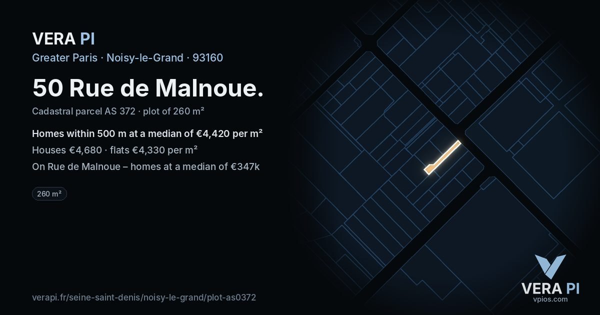 50 Rue de Malnoue, Noisy-le-Grand at night – the plot lit, the parcels around coloured by the prices near them