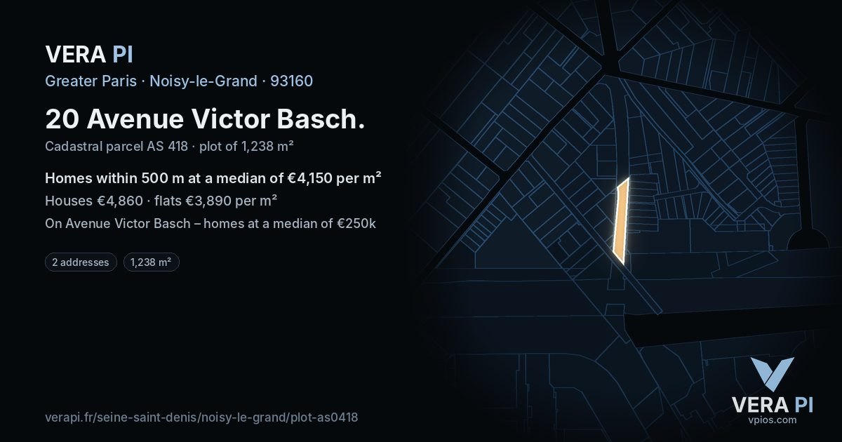 20 Avenue Victor Basch, Noisy-le-Grand at night – the plot lit, the parcels around coloured by the prices near them