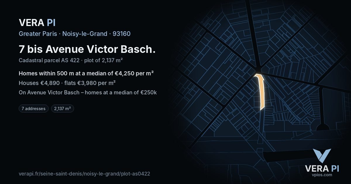 7 bis Avenue Victor Basch, Noisy-le-Grand at night – the plot lit, the parcels around coloured by the prices near them
