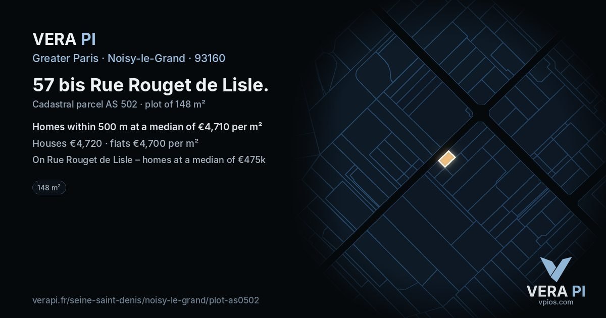 57 bis Rue Rouget de Lisle, Noisy-le-Grand at night – the plot lit, the parcels around coloured by the prices near them