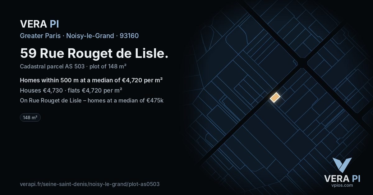 59 Rue Rouget de Lisle, Noisy-le-Grand at night – the plot lit, the parcels around coloured by the prices near them