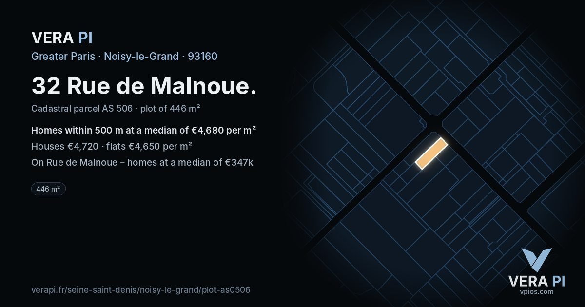 32 Rue de Malnoue, Noisy-le-Grand at night – the plot lit, the parcels around coloured by the prices near them