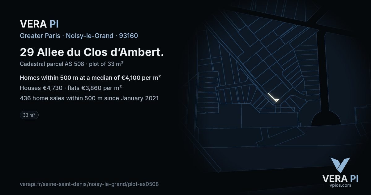 29 Allee du Clos d’Ambert, Noisy-le-Grand at night – the plot lit, the parcels around coloured by the prices near them