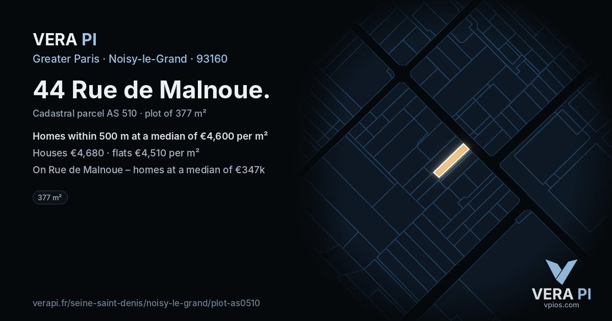 44 Rue de Malnoue, Noisy-le-Grand at night – the plot lit, the parcels around coloured by the prices near them