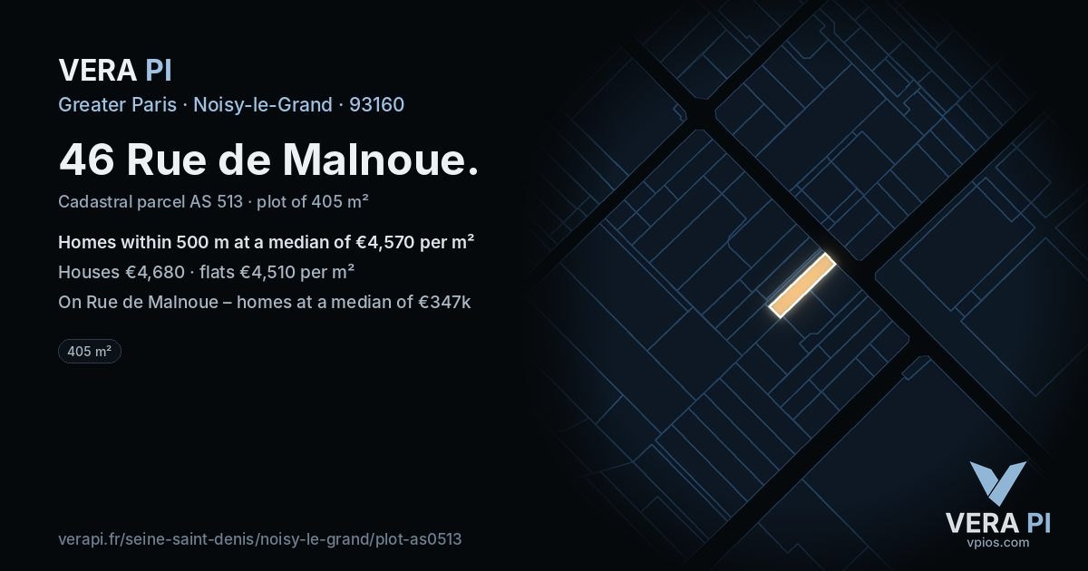 46 Rue de Malnoue, Noisy-le-Grand at night – the plot lit, the parcels around coloured by the prices near them