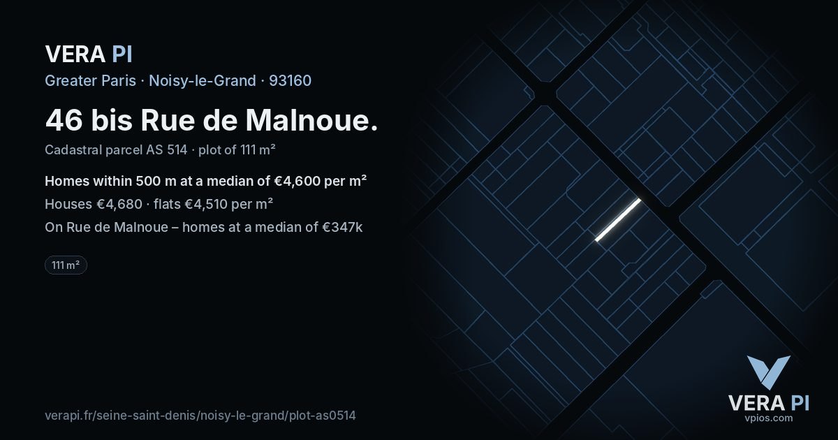 46 bis Rue de Malnoue, Noisy-le-Grand at night – the plot lit, the parcels around coloured by the prices near them