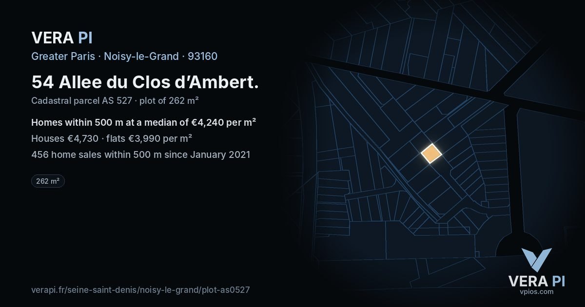 54 Allee du Clos d’Ambert, Noisy-le-Grand at night – the plot lit, the parcels around coloured by the prices near them