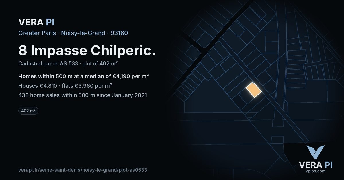 8 Impasse Chilperic, Noisy-le-Grand at night – the plot lit, the parcels around coloured by the prices near them