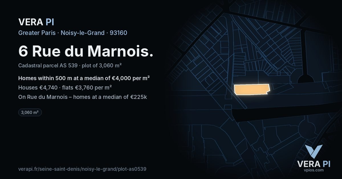 6 Rue du Marnois, Noisy-le-Grand at night – the plot lit, the parcels around coloured by the prices near them