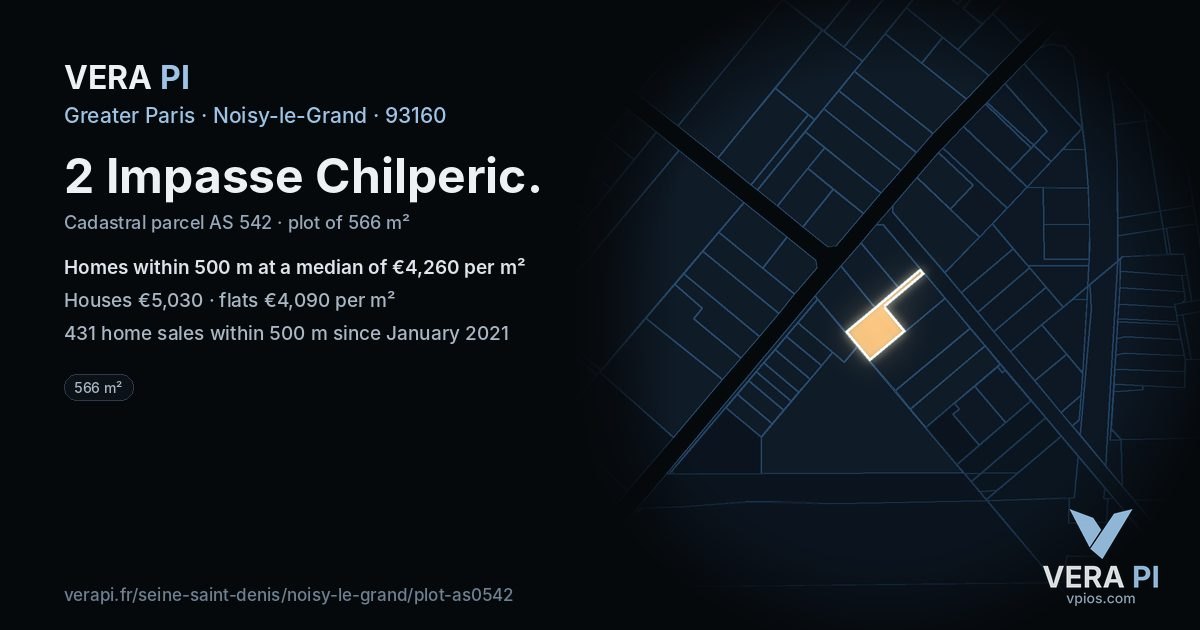 2 Impasse Chilperic, Noisy-le-Grand at night – the plot lit, the parcels around coloured by the prices near them