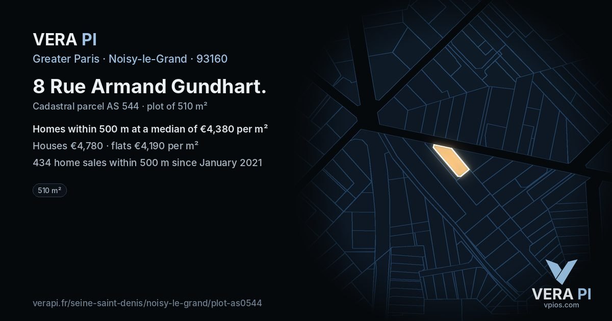 8 Rue Armand Gundhart, Noisy-le-Grand at night – the plot lit, the parcels around coloured by the prices near them