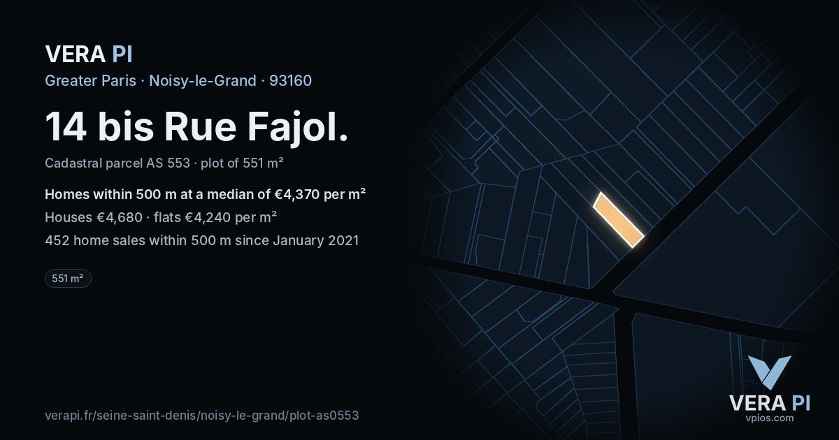 14 bis Rue Fajol, Noisy-le-Grand at night – the plot lit, the parcels around coloured by the prices near them