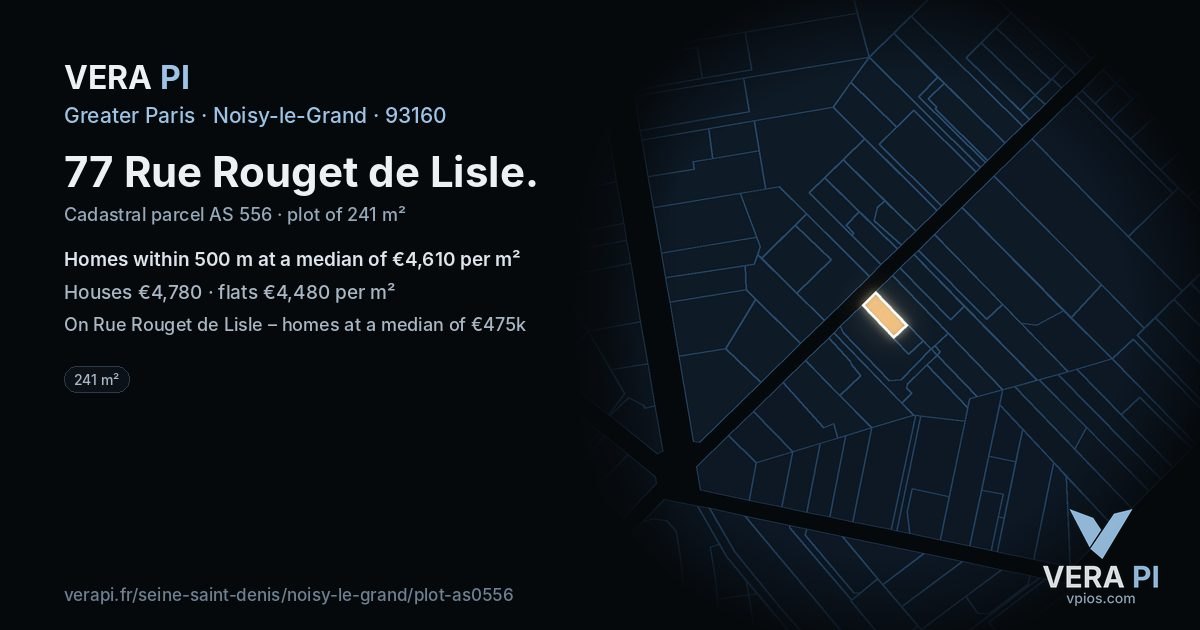 77 Rue Rouget de Lisle, Noisy-le-Grand at night – the plot lit, the parcels around coloured by the prices near them