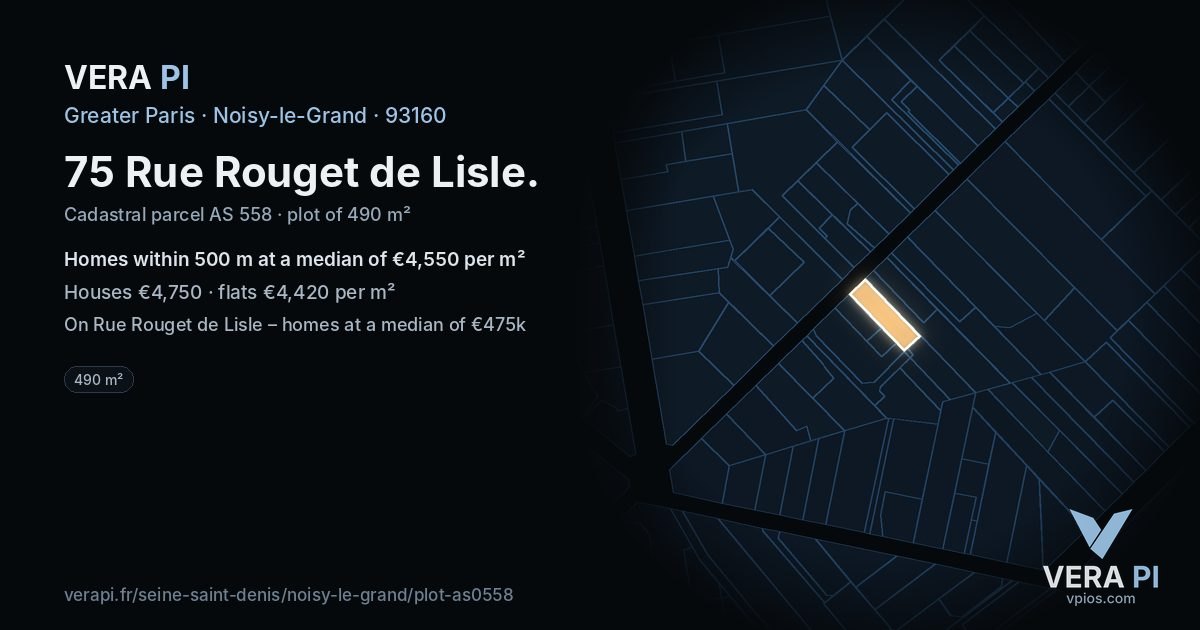 75 Rue Rouget de Lisle, Noisy-le-Grand at night – the plot lit, the parcels around coloured by the prices near them