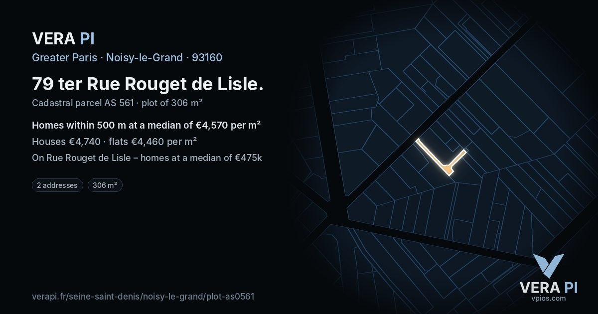 79 ter Rue Rouget de Lisle, Noisy-le-Grand at night – the plot lit, the parcels around coloured by the prices near them