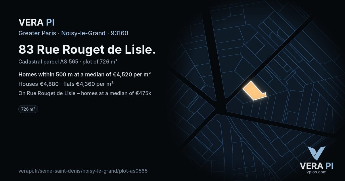 83 Rue Rouget de Lisle, Noisy-le-Grand at night – the plot lit, the parcels around coloured by the prices near them