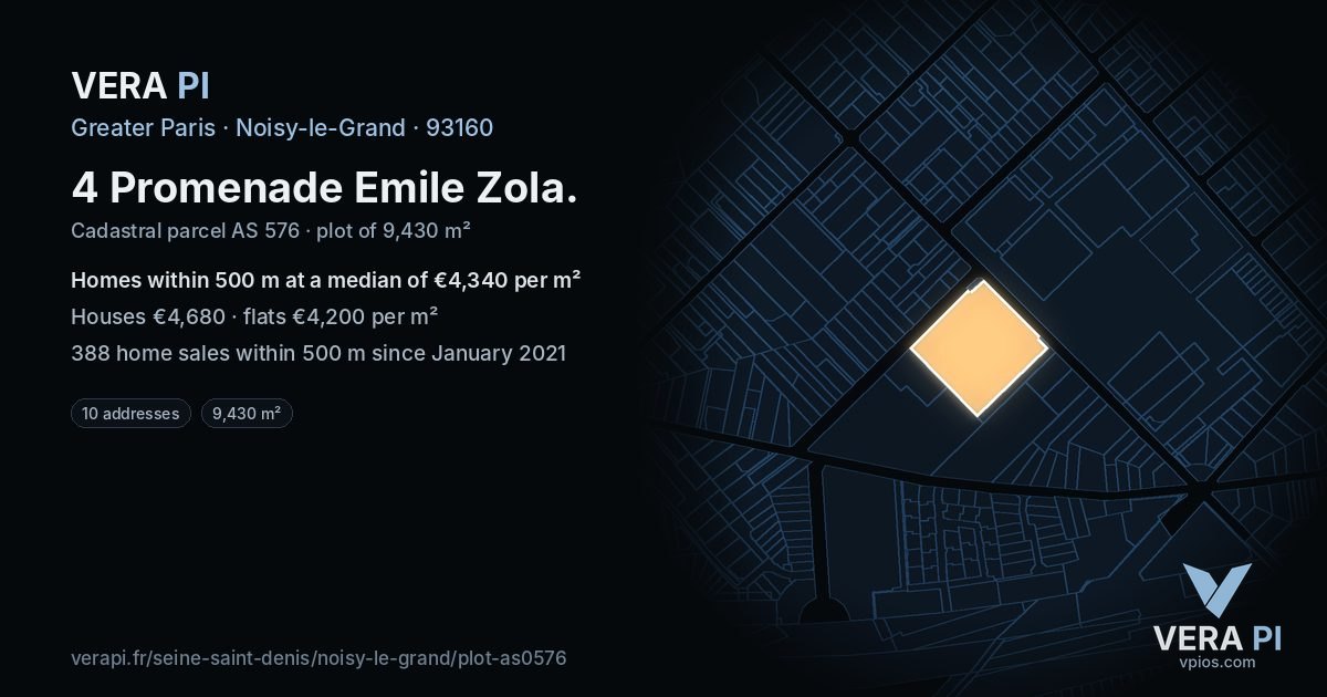 4 Promenade Emile Zola, Noisy-le-Grand at night – the plot lit, the parcels around coloured by the prices near them