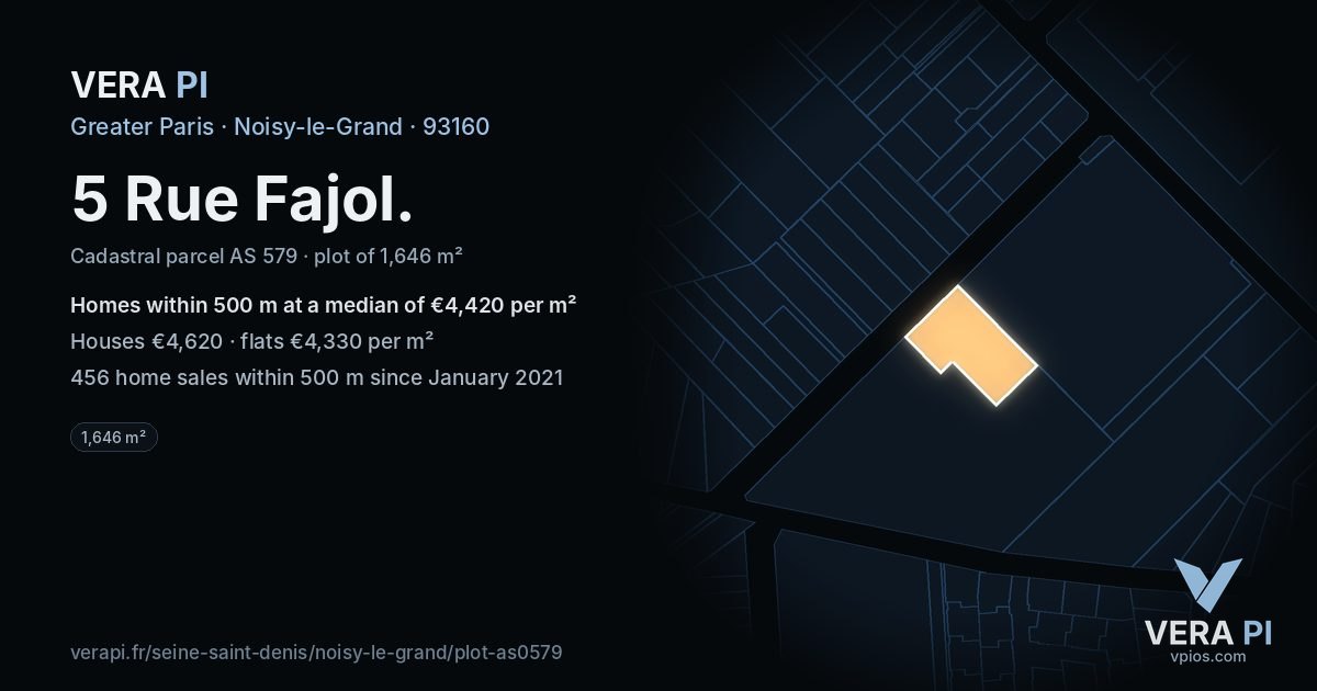 5 Rue Fajol, Noisy-le-Grand at night – the plot lit, the parcels around coloured by the prices near them