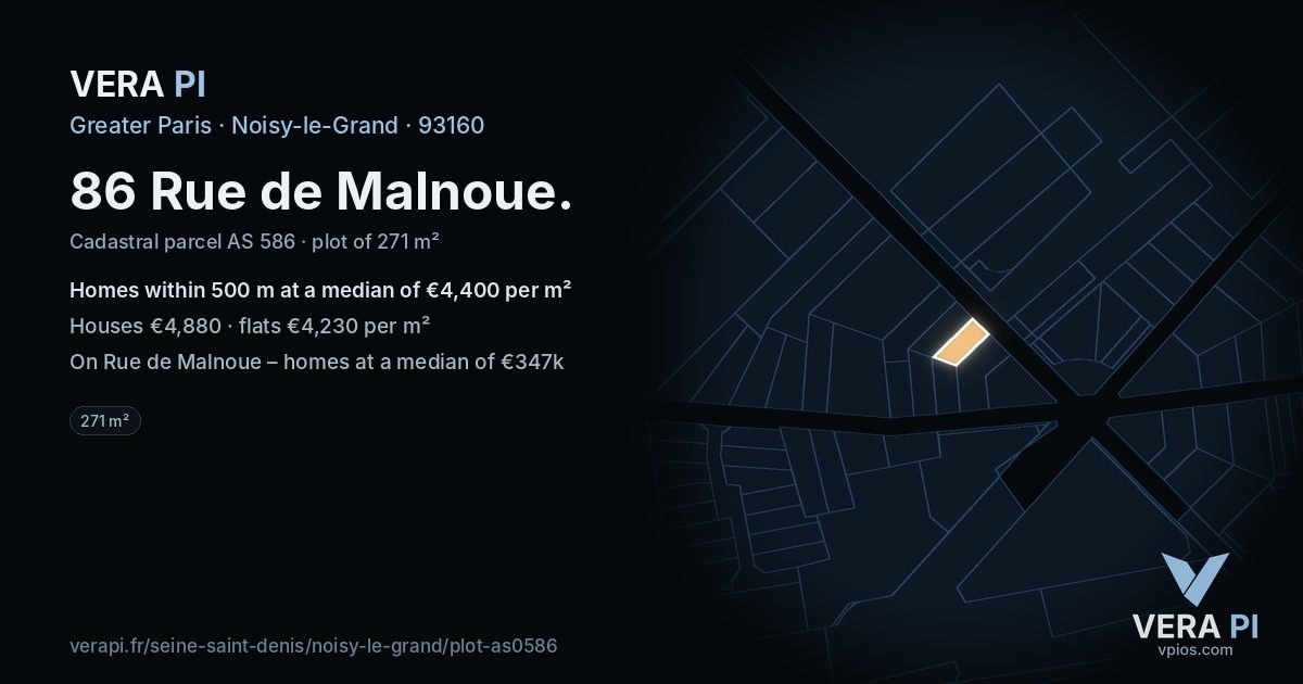 86 Rue de Malnoue, Noisy-le-Grand at night – the plot lit, the parcels around coloured by the prices near them