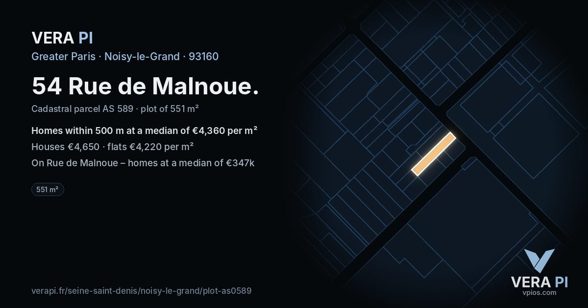 54 Rue de Malnoue, Noisy-le-Grand at night – the plot lit, the parcels around coloured by the prices near them