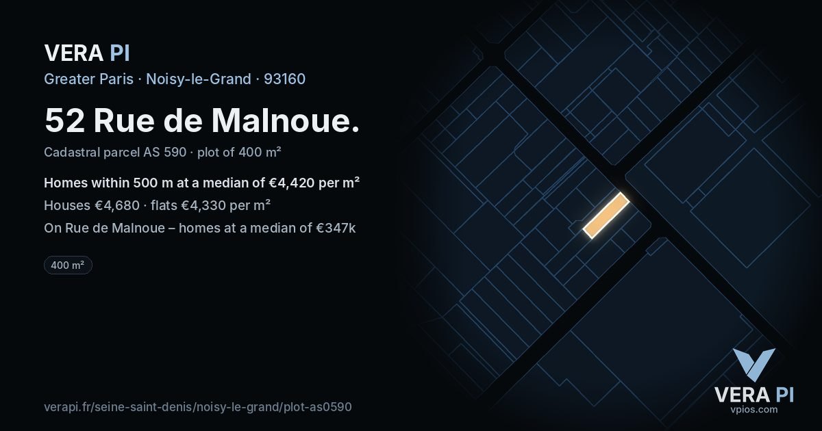 52 Rue de Malnoue, Noisy-le-Grand at night – the plot lit, the parcels around coloured by the prices near them
