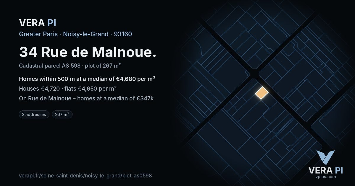 34 Rue de Malnoue, Noisy-le-Grand at night – the plot lit, the parcels around coloured by the prices near them