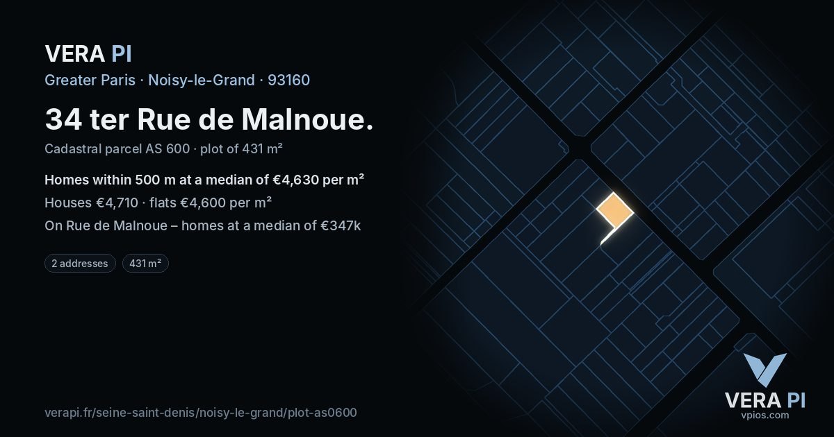 34 ter Rue de Malnoue, Noisy-le-Grand at night – the plot lit, the parcels around coloured by the prices near them