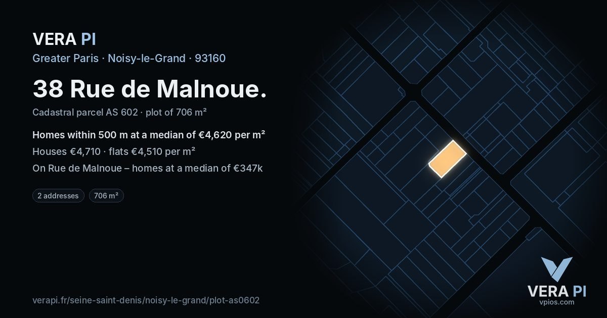 38 Rue de Malnoue, Noisy-le-Grand at night – the plot lit, the parcels around coloured by the prices near them