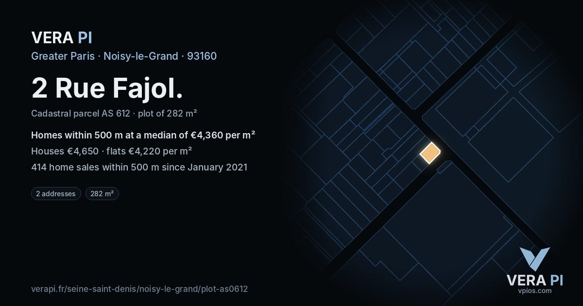 2 Rue Fajol, Noisy-le-Grand at night – the plot lit, the parcels around coloured by the prices near them