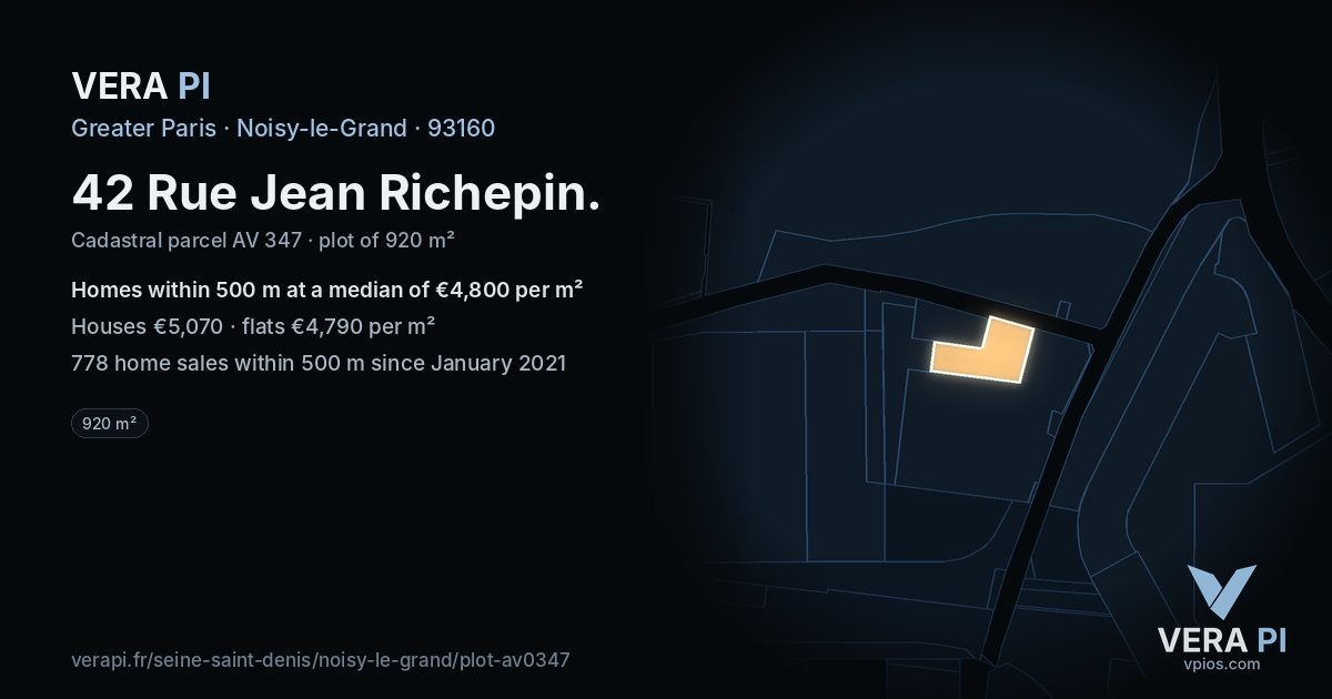 42 Rue Jean Richepin, Noisy-le-Grand at night – the plot lit, the parcels around coloured by the prices near them