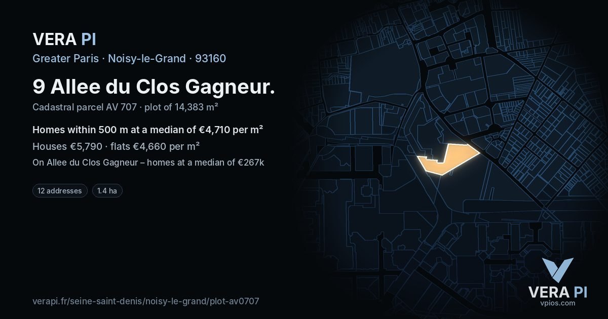 9 Allee du Clos Gagneur, Noisy-le-Grand at night – the plot lit, the parcels around coloured by the prices near them