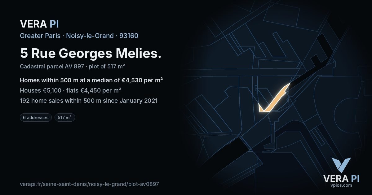 5 Rue Georges Melies, Noisy-le-Grand at night – the plot lit, the parcels around coloured by the prices near them
