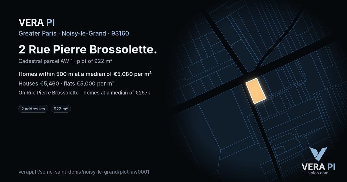 2 Rue Pierre Brossolette, Noisy-le-Grand at night – the plot lit, the parcels around coloured by the prices near them