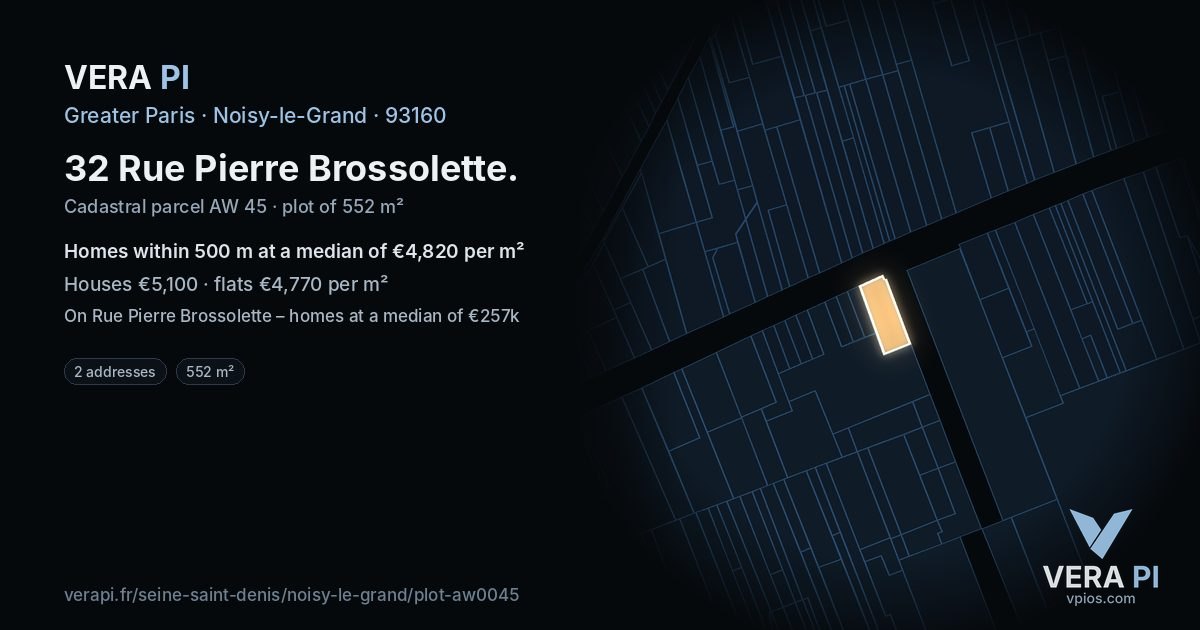 32 Rue Pierre Brossolette, Noisy-le-Grand at night – the plot lit, the parcels around coloured by the prices near them