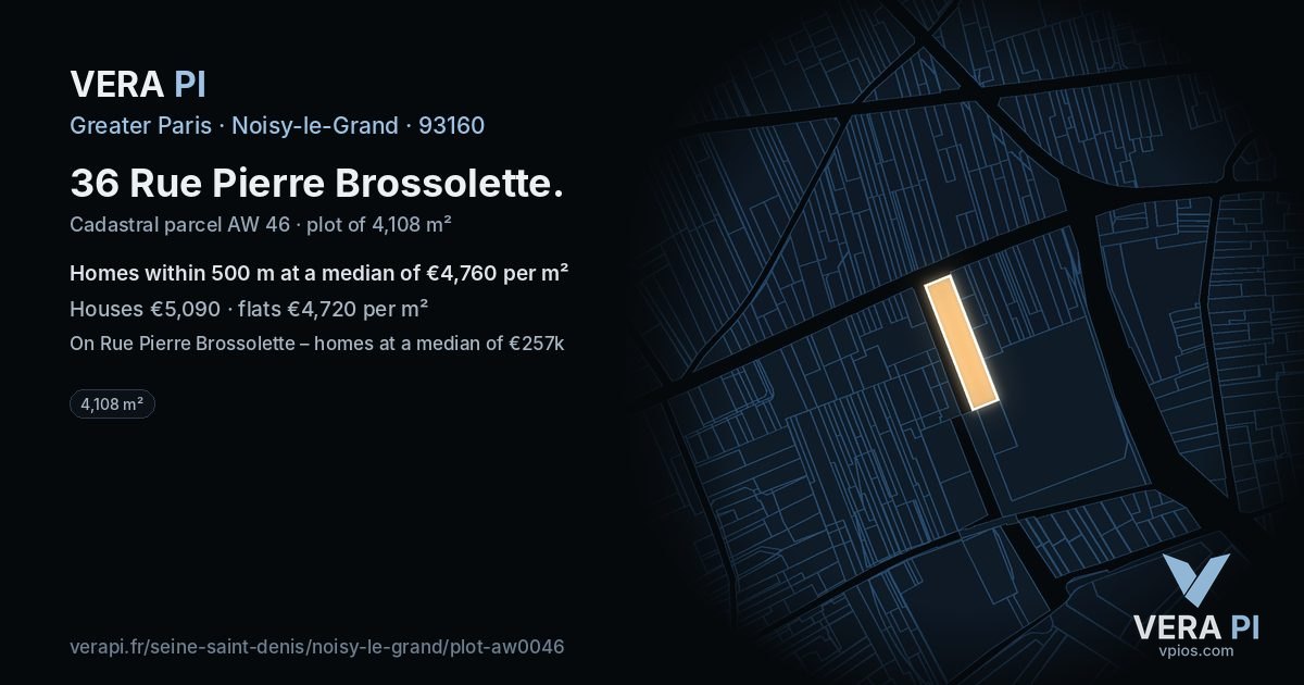 36 Rue Pierre Brossolette, Noisy-le-Grand at night – the plot lit, the parcels around coloured by the prices near them