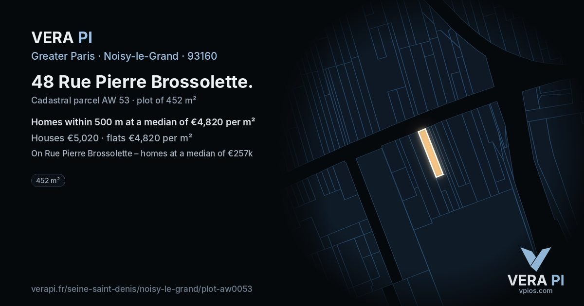 48 Rue Pierre Brossolette, Noisy-le-Grand at night – the plot lit, the parcels around coloured by the prices near them