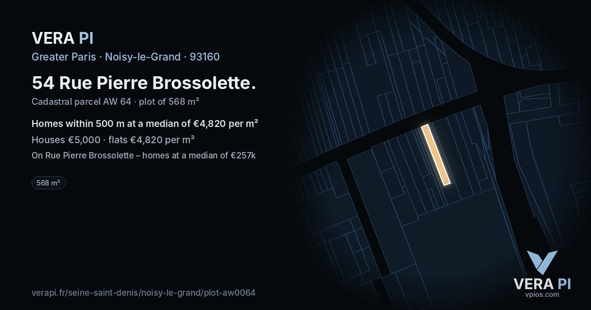 54 Rue Pierre Brossolette, Noisy-le-Grand at night – the plot lit, the parcels around coloured by the prices near them