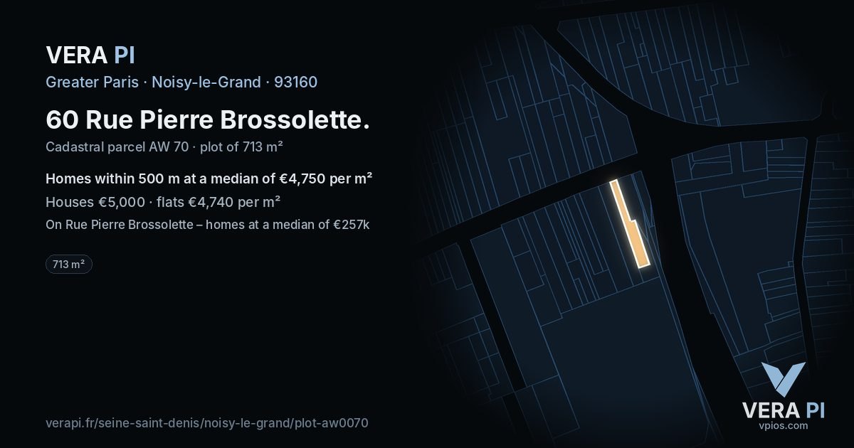 60 Rue Pierre Brossolette, Noisy-le-Grand at night – the plot lit, the parcels around coloured by the prices near them