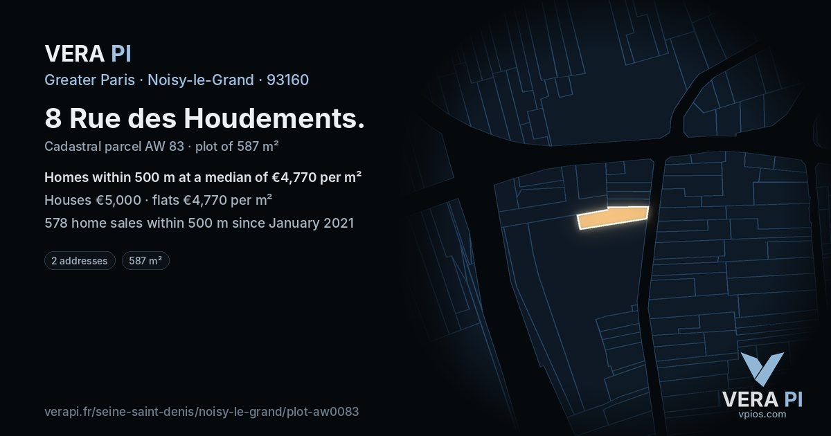 8 Rue des Houdements, Noisy-le-Grand at night – the plot lit, the parcels around coloured by the prices near them