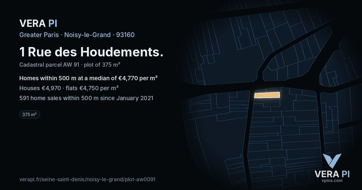 1 Rue des Houdements, Noisy-le-Grand at night – the plot lit, the parcels around coloured by the prices near them